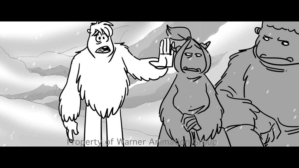 A storyboard drawing showing the main yeti talking to his friends on a mountain side