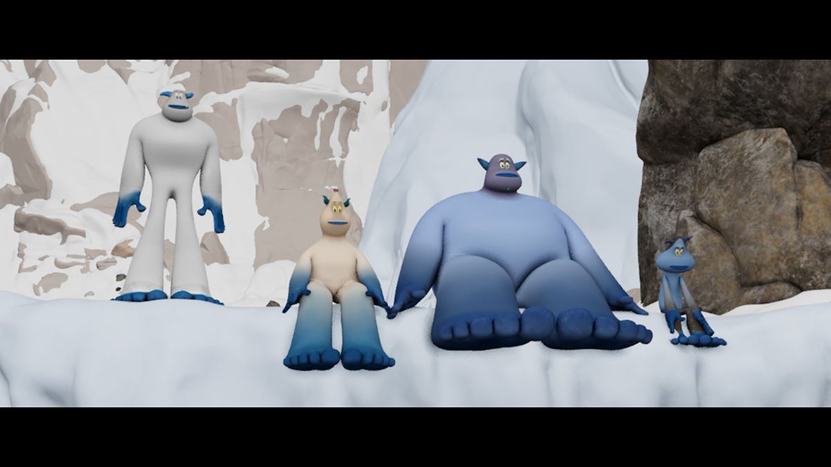 A layout shot showing the main yeti talking to his friends on a mountain side