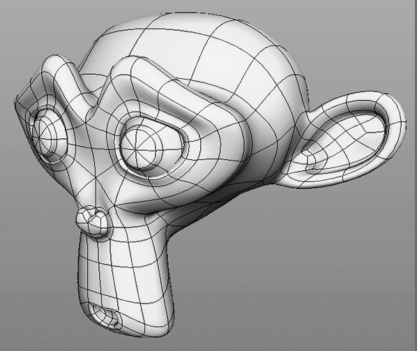 An image of the Blender susan model (a monkeys head) with a wireframe overlay to show its polygons