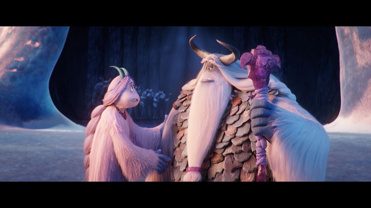 A shot of two yetis with their hair curves highlighted