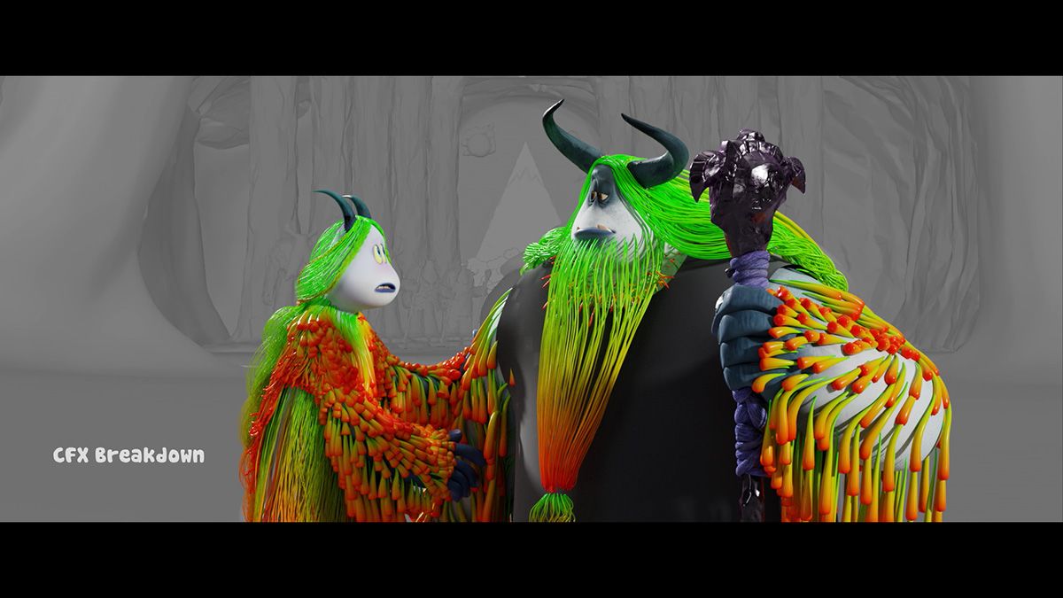 A shot of two yetis with their hair curves highlighted