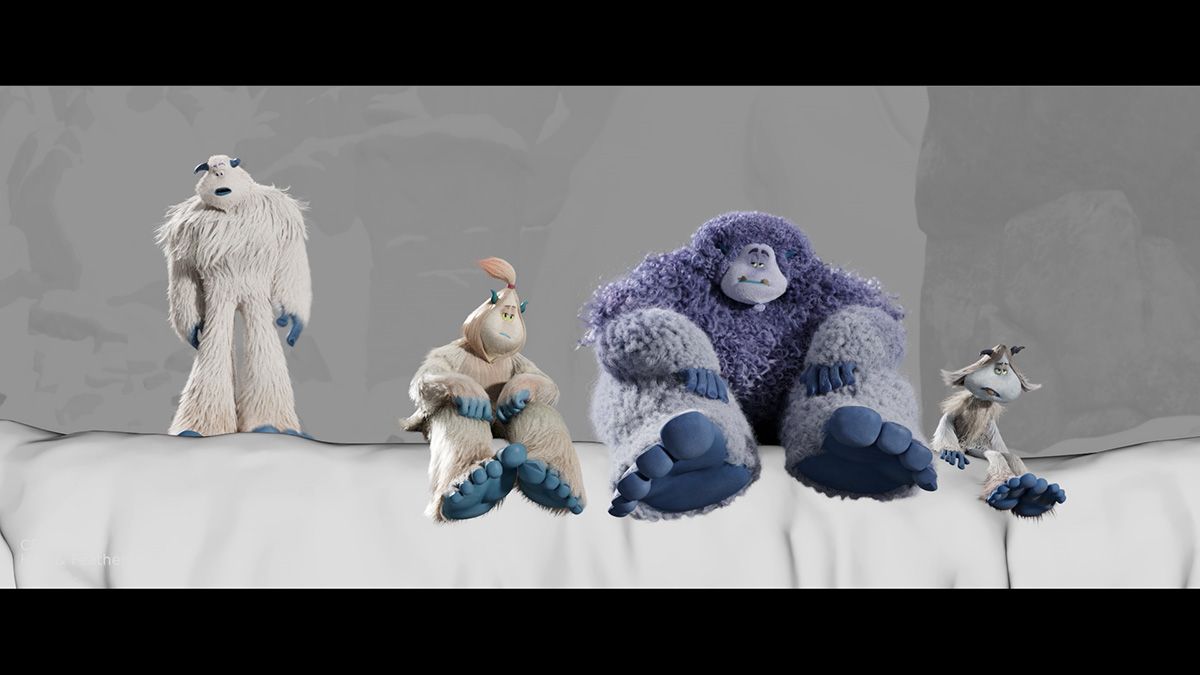 A still from the hair renders showing the main yeti talking to his friends on a mountain side