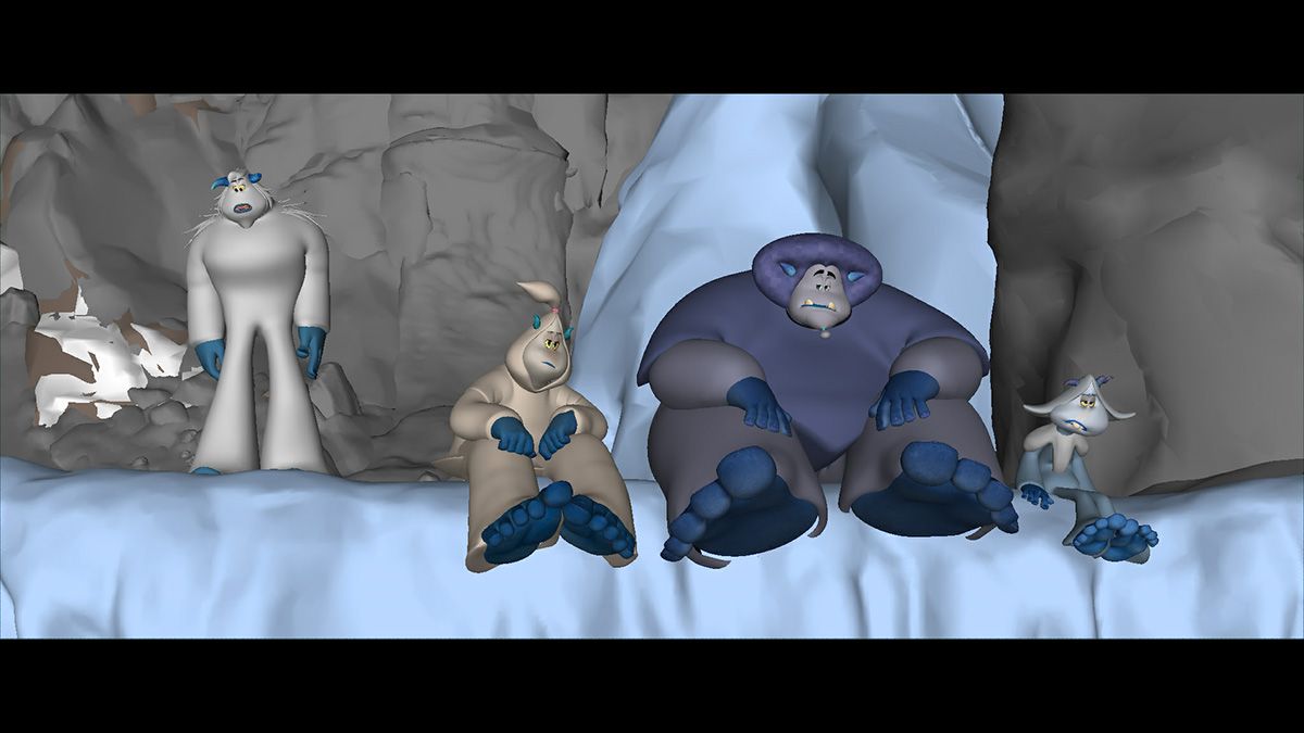 A still from animation showing the main yeti talking to his friends on a mountain side